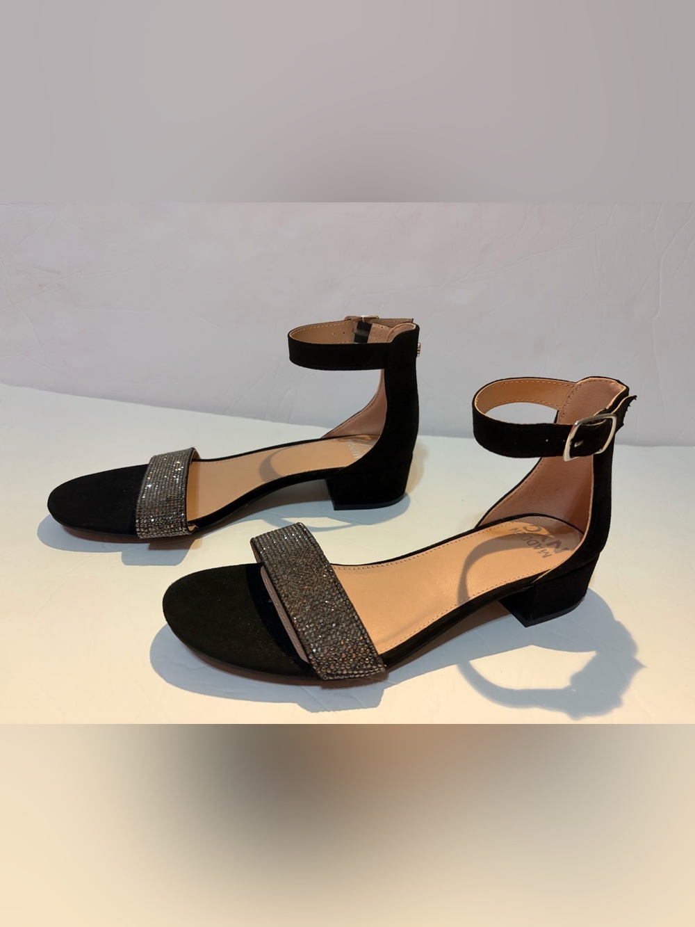 Girl’s Black Ankle-Strap Low Block Heel Sandals with Embellished Strap